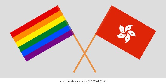 Crossed flags of LGBT and Hong Kong. Official colors. Correct proportion. Vector illustration
