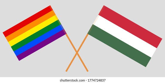 Crossed flags of LGBT and Hungary