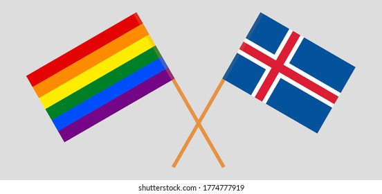 Crossed flags of LGBT and Iceland. Official colors. Correct proportion. Vector illustration
