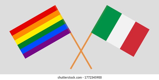 Crossed flags of LGBT and Italy. Official colors. Correct proportion. Vector illustration
