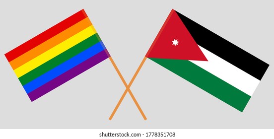 Crossed flags of LGBT and Jordan. Official colors. Correct proportion. Vector illustration
