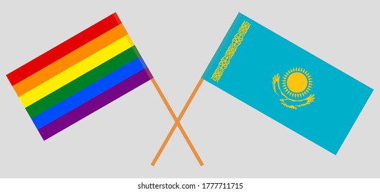 Crossed flags of LGBT and Kazakhstan. Official colors. Correct proportion. Vector illustration
