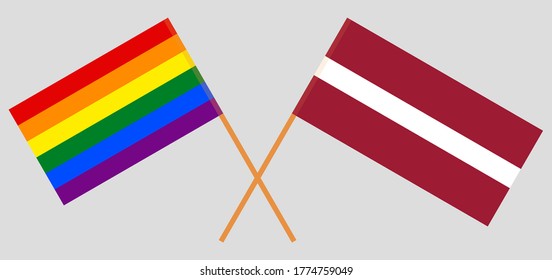 Crossed flags of LGBT and Latvia. Official colors. Correct proportion. Vector illustration
