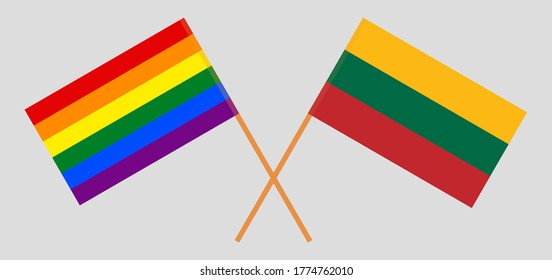 Crossed flags of LGBT and Lithuania. Official colors. Correct proportion. Vector illustration
