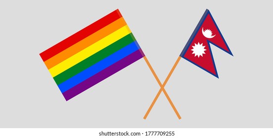 Crossed flags of LGBT and Nepal. Official colors. Correct proportion. Vector illustration

