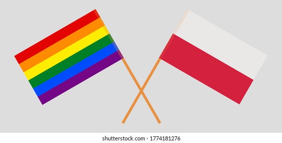 Crossed flags of LGBT and Poland. Official colors. Correct proportion. Vector illustration
