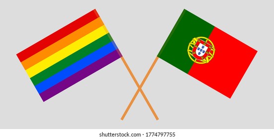 Crossed flags of LGBT and Portugal. Official colors. Correct proportion. Vector illustration
