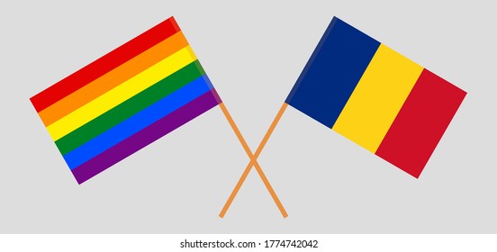 Crossed flags of LGBT and Romania. Official colors. Correct proportion. Vector illustration

