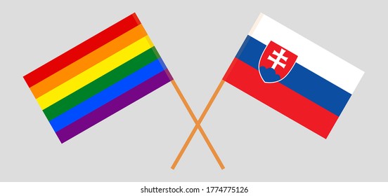 Crossed flags of LGBT and Slovakia. Official colors. Correct proportion. Vector illustration
