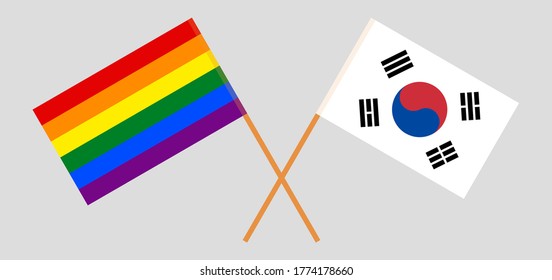 Crossed flags of LGBT and South Korea. Official colors. Correct proportion. Vector illustration
