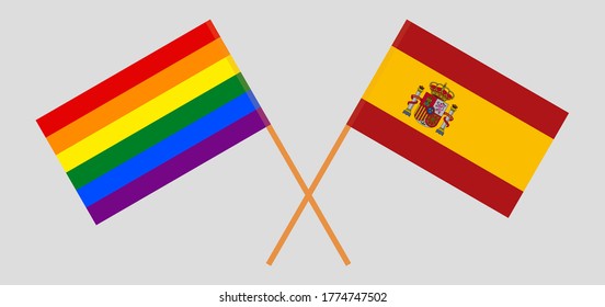 Crossed flags of LGBT and Spain. Official colors. Correct proportion. Vector illustration

