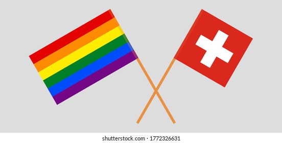 Crossed flags of LGBT and Switzerland. Official colors. Correct proportion. Vector illustration
