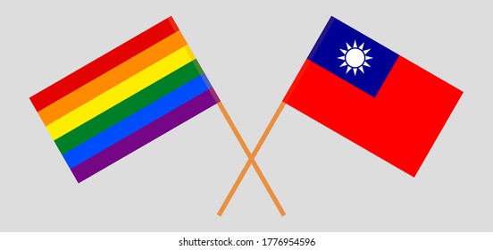 Crossed flags of LGBT and Taiwan. Official colors. Correct proportion. Vector illustration
