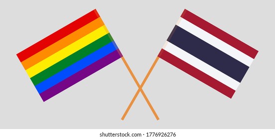 Crossed flags of LGBT and Thailand. Official colors. Correct proportion. Vector illustration
