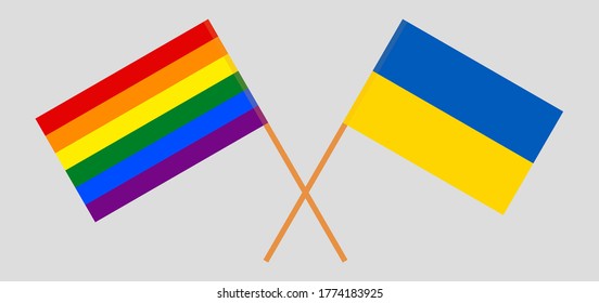 Crossed flags of LGBT and the Ukraine. Official colors. Correct proportion. Vector illustration
