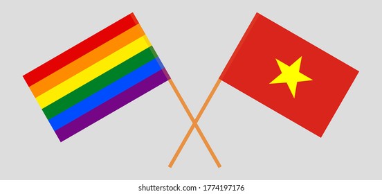 Crossed flags of LGBT and Vietnam. Official colors. Correct proportion. Vector illustration
