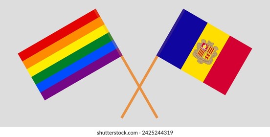 Crossed flags of LGBTQ and Andorra. Official colors. Correct proportion. Vector illustration
