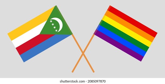 Crossed flags of LGBTQ and the Comoros. Official colors. Correct proportion. Vector illustration
