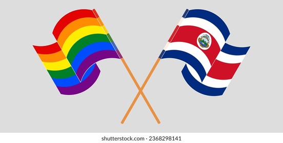 Crossed flags of LGBTQ and Costa Rica. Official colors. Correct proportion. Vector illustration
