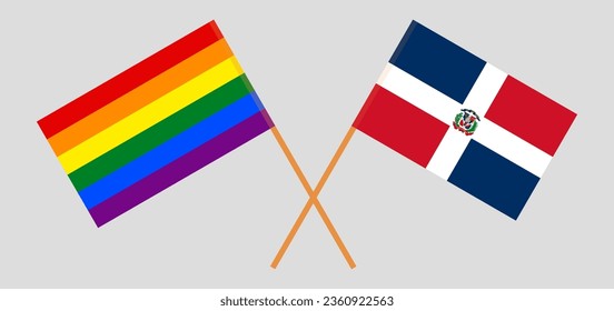 Crossed flags of LGBTQ and Dominican Republic. Official colors. Correct proportion. Vector illustration
