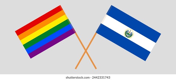 Crossed flags of LGBTQ and El Salvador. Official colors. Correct proportion. Vector illustration
