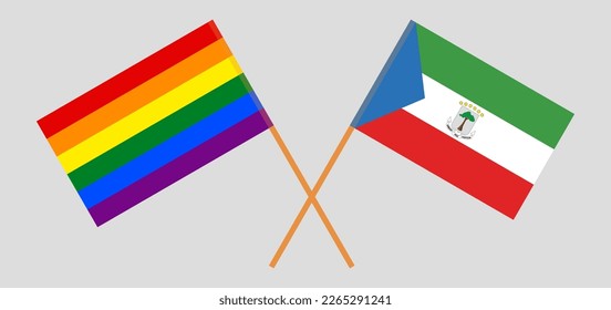 Crossed flags of LGBTQ and Equatorial Guinea. Official colors. Correct proportion. Vector illustration
