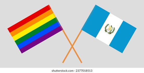 Crossed flags of LGBTQ and Guatemala. Official colors. Correct proportion. Vector illustration
