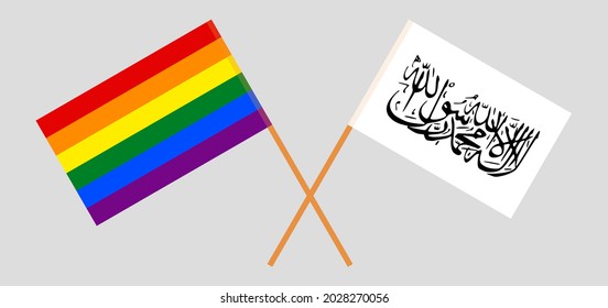 Crossed flags of LGBTQ and Islamic Emirate of Afghanistan. Official colors. Correct proportion