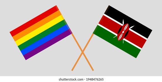 Crossed flags of LGBTQ and Kenya. Official colors. Correct proportion