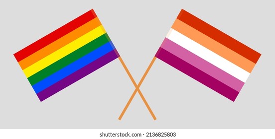 Crossed flags of LGBTQ and Lesbian Pride. Official colors. Correct proportion. Vector illustration

