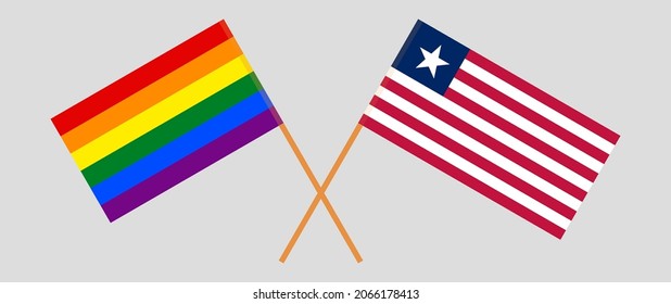 Crossed flags of LGBTQ and Liberia. Official colors. Correct proportion