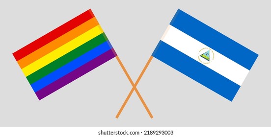 Crossed flags of LGBTQ and Nicaragua. Official colors. Correct proportion. Vector illustration
