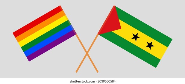 Crossed flags of LGBTQ and Sao Tome and Principe. Official colors. Correct proportion