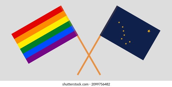 Crossed flags of LGBTQ and the State of Alaska. Official colors. Correct proportion. Vector illustration
