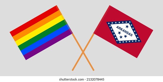 Crossed flags of LGBTQ and The State of Arkansas. Official colors. Correct proportion. Vector illustration

