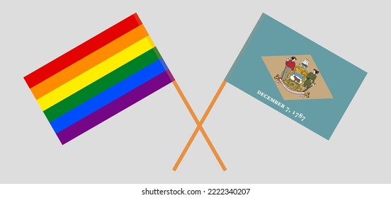 Crossed flags of LGBTQ and The State of Delaware. Official colors. Correct proportion. Vector illustration
