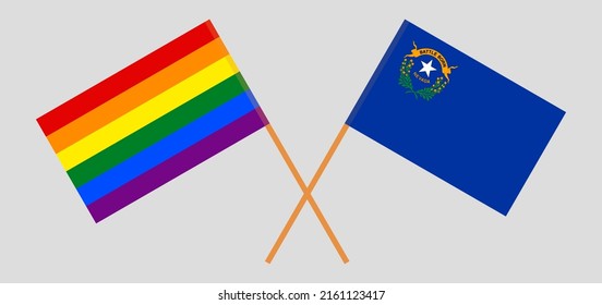Crossed flags of LGBTQ and The State of Nevada. Official colors. Correct proportion. Vector illustration
