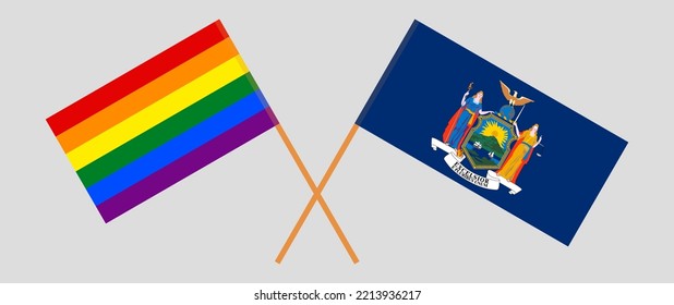 Crossed flags of LGBTQ and The State of New York. Official colors. Correct proportion. Vector illustration
