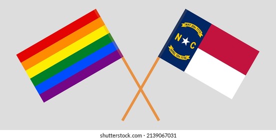 Crossed flags of LGBTQ and The State of North Carolina. Official colors. Correct proportion. Vector illustration
