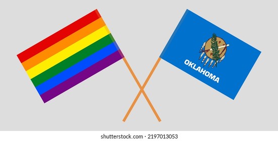 Crossed flags of LGBTQ and The State of Oklahoma. Official colors. Correct proportion. Vector illustration
