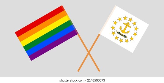 Crossed flags of LGBTQ and the State of Rhode Island. Official colors. Correct proportion. Vector illustration
