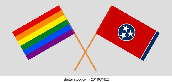 Crossed flags of LGBTQ and the State of Tennessee. Official colors. Correct proportion