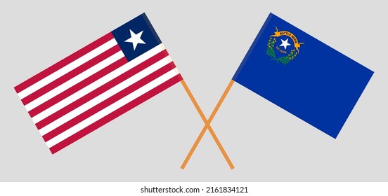 Crossed flags of Liberia and The State of Nevada. Official colors. Correct proportion. Vector illustration
