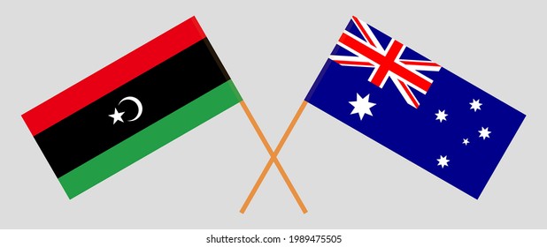 Gekreuzte Flaggen von Libyen und Australien. Offizielle Farben. Richtiger Anteil