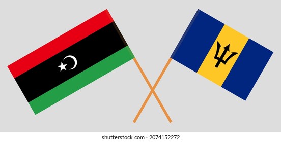 Crossed flags of Libya and Barbados. Official colors. Correct proportion. Vector illustration