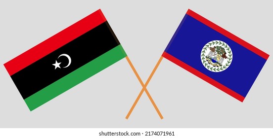 Banderas cruzadas de Libia y Belice. Colores oficiales. Proporción correcta. Ilustración del vector