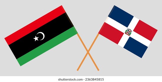 Crossed flags of Libya and Dominican Republic. Official colors. Correct proportion. Vector illustration
