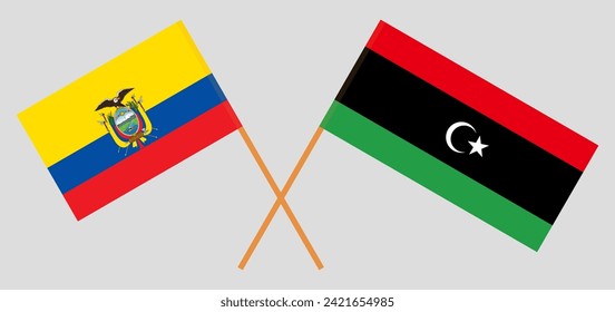 Crossed flags of Libya and Ecuador. Official colors. Correct proportion. Vector illustration
