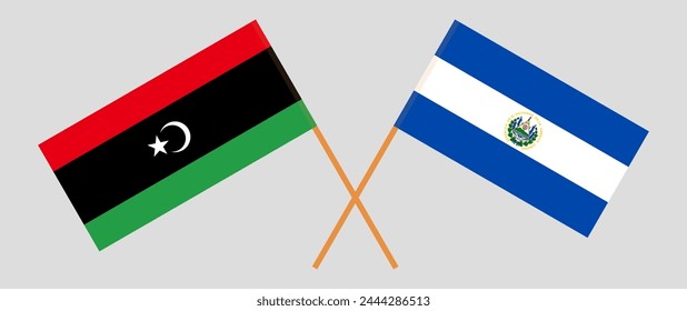 Crossed flags of Libya and El Salvador. Official colors. Correct proportion. Vector illustration
