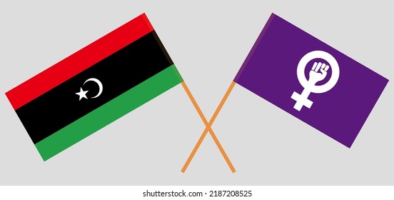 Crossed flags of Libya and Feminism. Official colors. Correct proportion. Vector illustration
